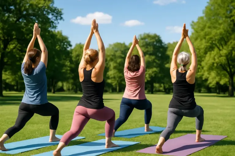 Vier Frauen, die im Freien eine Yoga-Übung machen.